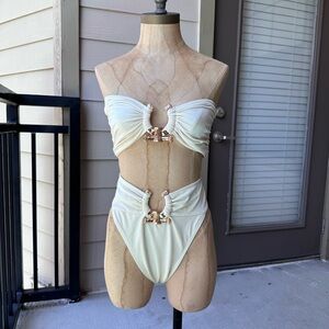 PLT Cream Swimsuit with Gold Accents